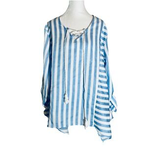 Doe & Rae Striped Top Lightweight‎ Tunic Style Blue White Long Tab Sleeve Large